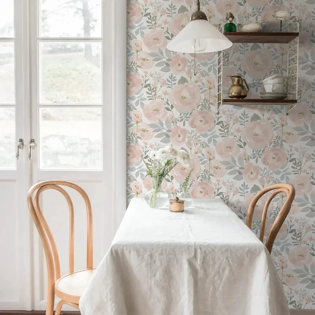 Alt view image 7 of 7 - Peel and Stick Wallpaper Peony Floral Wallpaper 17.3in x393.7in Floral Contact Paper Self Adhesive Removable Wall paper for Bedroom Laundry Room, Light Pink