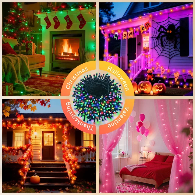 Alt view image 7 of 7 - Color Changing Christmas String Lights Connectable, 66Ft 200 LED 35 Colors Halloween Lights Outdoor with Remote, Orange and Purple Light Plug in for Xmas Tree Light Indoor Party Decor