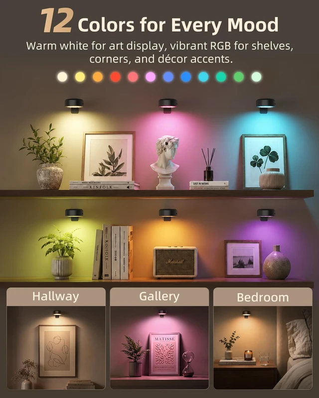 Alt view image 6 of 7 - Picture RGB Lights for Wall, Rechargeable Magnetic with Remote (Black-6P) 1500mAh rechargeable magnetic lights with 3 color temperatures, dimming and timer for paintings, posters, frames and wall art
