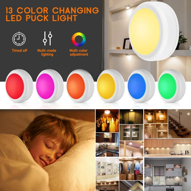 Alt view image 4 of 7 - Wireless 16 Color Changing LED Puck Light 12 Pack LED Under Cabinet Lighting Closet Light Battery Powered Night Lights with Remote Control Dimmer & Timing Function