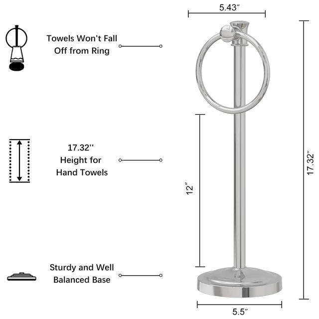 Alt view image 7 of 7 - Hand Towel Holder Stand Free Standing Towel Bar Polished Chrome 17 Inch Hanging Floor Hand Towel Rack Ring,for Bathroom Kitchen Countertops, Hardware Accessories SUS 304 Heavy-Duty Base