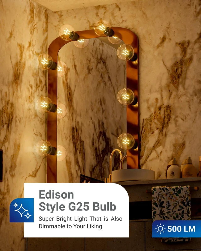 Alt view image 2 of 7 - 10 Pack G25 LED Light Bulb, Globe, E26, 5W=60W, 2700K Soft White 500LM, CRI80, Dimmable, Edison Vintage Filament, Medium Base, Lamp, Pendant, Chandelier, Indoor/Outdoor Lighting, Wet Rated