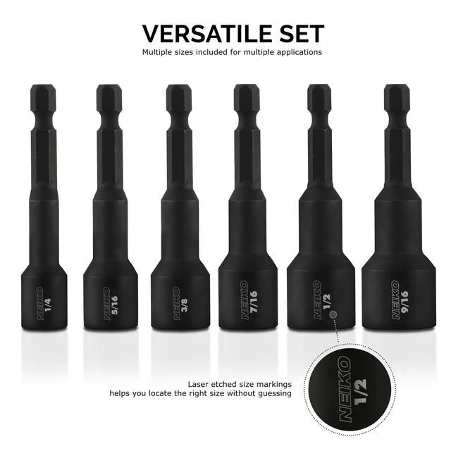 Alt view image 5 of 6 - 10190A Magnetic Nut Driver Set, 6 Piece Impact Nut Driver Set, SAE, 1/4 to 9/16, 2-9/16 Long Nut Driver Bit Set for Impact Drill, Cr-V
