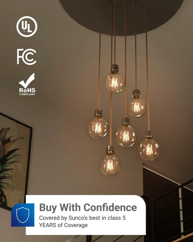 Alt view image 7 of 7 - 10 Pack G25 LED Light Bulb, Globe, E26, 5W=60W, 2700K Soft White 500LM, CRI80, Dimmable, Edison Vintage Filament, Medium Base, Lamp, Pendant, Chandelier, Indoor/Outdoor Lighting, Wet Rated