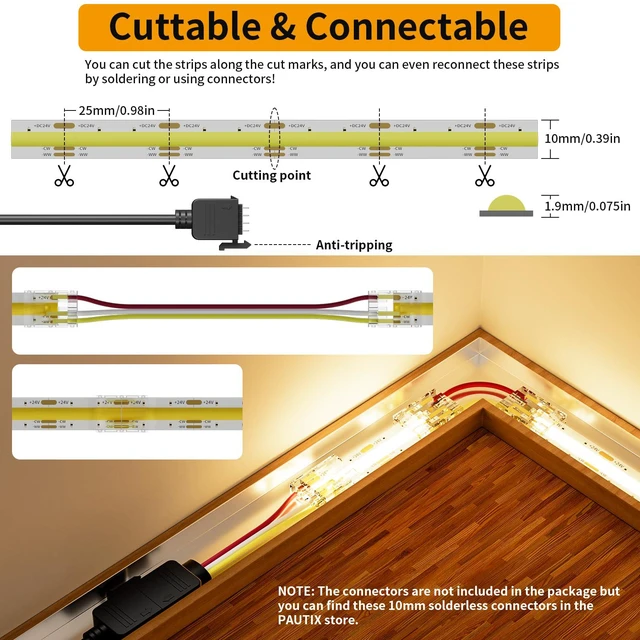 Alt view image 4 of 7 - COB LED Strip Light White CCT Tunable 6400LEDs,CRI90+ 32.8ft/10m Dimmable 2700K-6500K 24V LED Tape Light,for Under Cabinet Bedroom Kitchen TV Mirror DIY Lighting(Adapter & Dimmer NOT Included)
