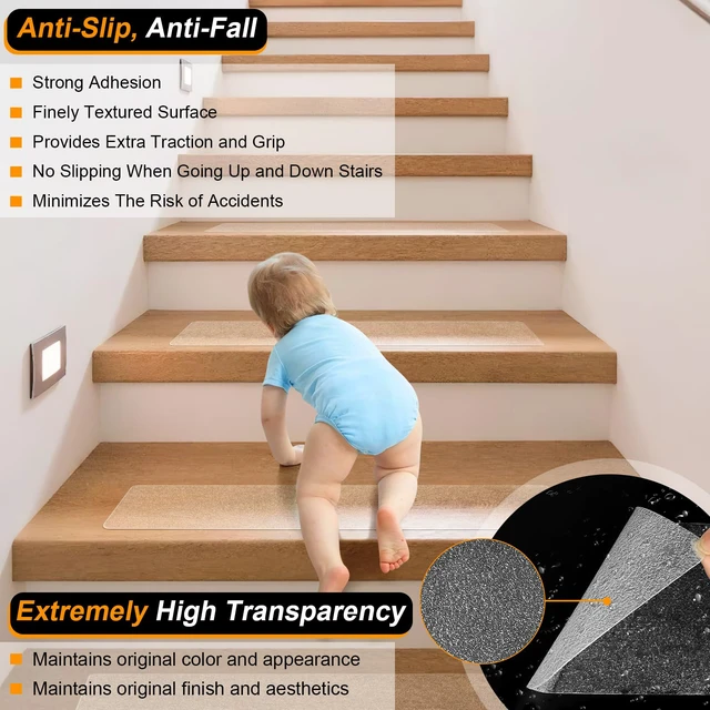 Alt view image 2 of 7 - Clear Non-Slip Treads for Wooden Steps Indoor 15 Pack 4" x 40" Pre-Cut Anti-Slip Strips, Grip Tape Transparent Tread Grips for Wood Stairs, Dogs, Kids and Pets, Waterproof