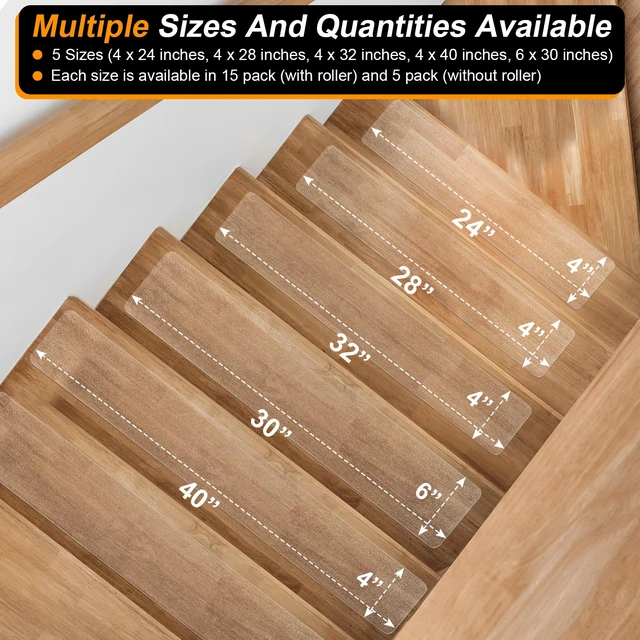 Alt view image 3 of 7 - Clear Non-Slip Treads for Wooden Steps Indoor 15 Pack 4" x 40" Pre-Cut Anti-Slip Strips, Grip Tape Transparent Tread Grips for Wood Stairs, Dogs, Kids and Pets, Waterproof