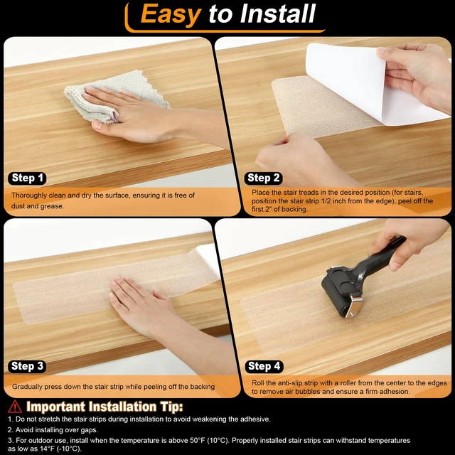 Alt view image 4 of 7 - Clear Non-Slip Treads for Wooden Steps Indoor 15 Pack 4" x 40" Pre-Cut Anti-Slip Strips, Grip Tape Transparent Tread Grips for Wood Stairs, Dogs, Kids and Pets, Waterproof