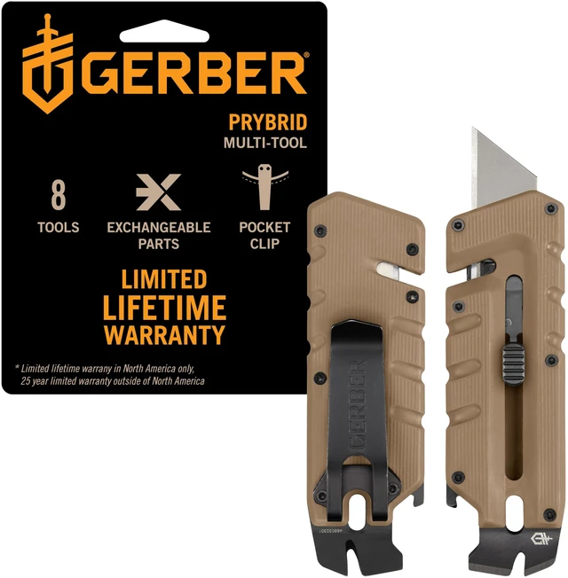 Main image of Prybrid EDC Pocket Knife Multitool 8-in-1 Box Cutter, Coyote Brown Retractable utility box cutter blade, built-in pry bar, compact EDC multitool, everyday carry knife