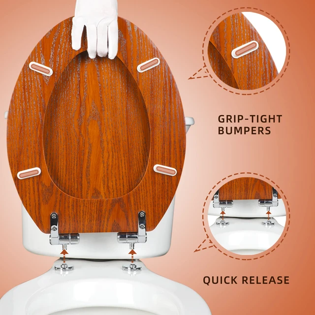 Alt view image 3 of 7 - Slow Close Wood Toilet Seat, Quick-Release (Elongated, Brownish Yellow) Elongated Toilet Seat with Quietly Close, Easy to Install also Easy to Clean