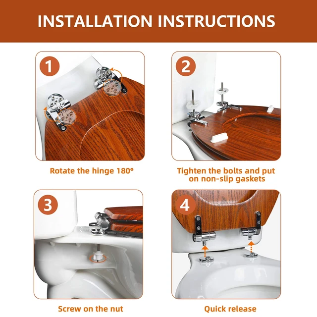 Alt view image 6 of 7 - Slow Close Wood Toilet Seat, Quick-Release (Elongated, Brownish Yellow) Elongated Toilet Seat with Quietly Close, Easy to Install also Easy to Clean