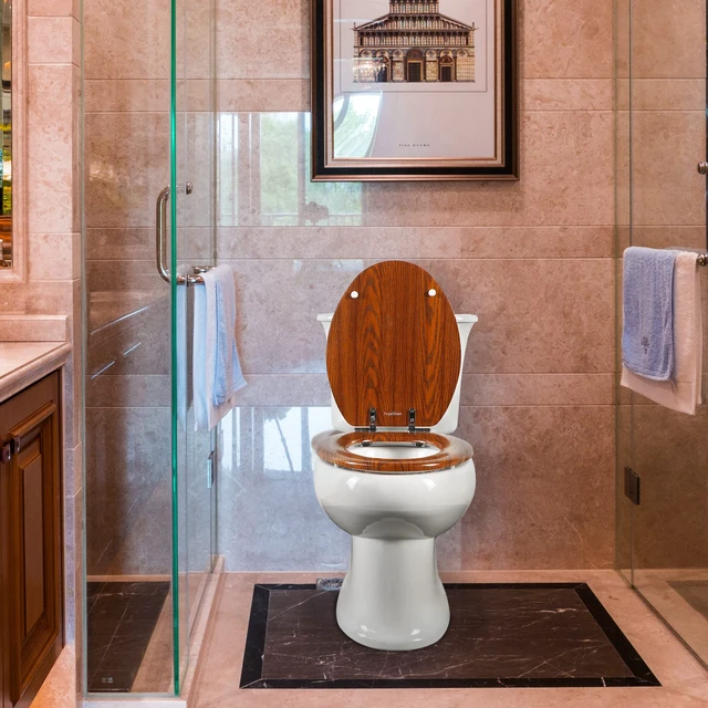 Alt view image 7 of 7 - Wood Toilet Seat with Zinc Alloy Hinges (Elongated, Brownish Yellow) Elongated Toilet Seat, Anti-Pinch Bumpers, Adjustable Hinges, Easy to Install and Clean