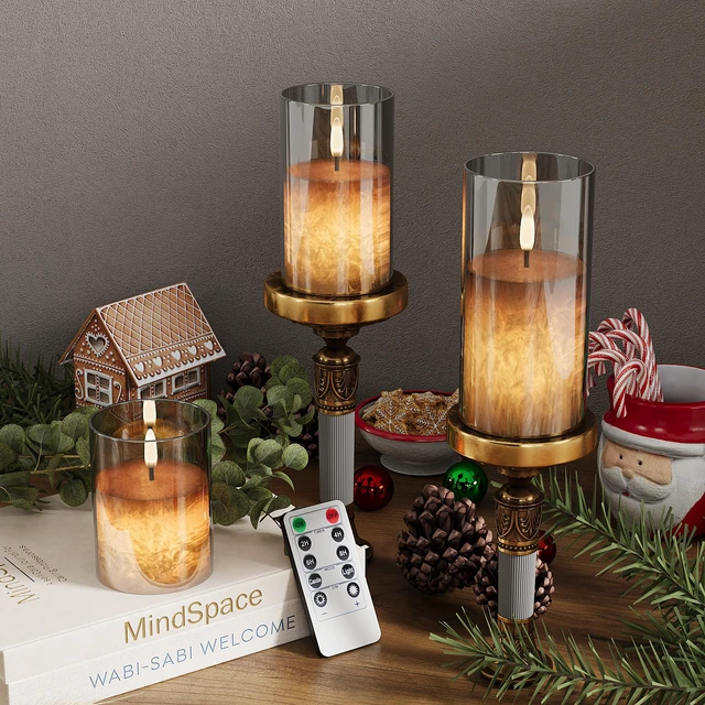 Alt view image 2 of 7 - Battery Operated Flameless Candles with Remote & Timer, Grey Glass 3Pack Real Wax Crystal Texture, D3×H4/5/6", 2/4/6/8H Timer, Dimming, Flickering Realistic LED Candles for Wedding Table Decor