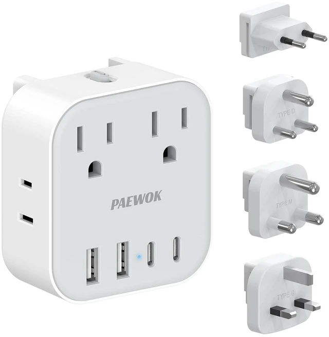 Main image of European Travel Plug Adapter Set, 8-in-1 Travel Adapter with 4 Outlets Universal Travel Adapter, Type C/G/D/M Detachable Plugs, 4 USB Ports (2 USB C), US to UK/EU/South Africa