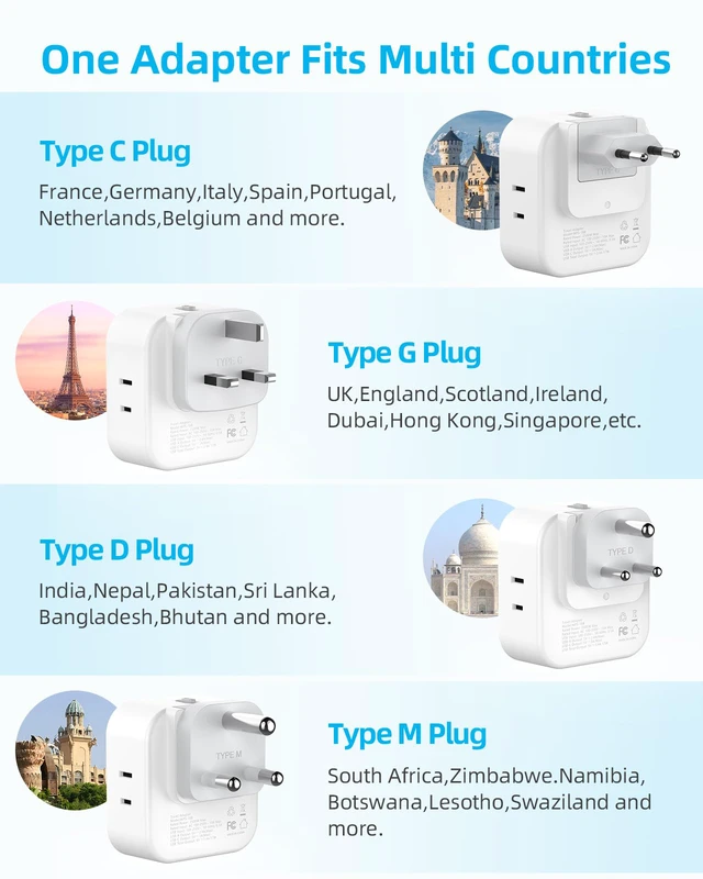 Alt view image 2 of 7 - European Travel Plug Adapter Set, 8-in-1 Travel Adapter with 4 Outlets Universal Travel Adapter, Type C/G/D/M Detachable Plugs, 4 USB Ports (2 USB C), US to UK/EU/South Africa