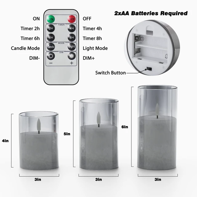 Alt view image 3 of 7 - Battery Operated Flameless Candles with Remote & Timer, Grey Glass 3Pack Real Wax Crystal Texture, D3×H4/5/6", 2/4/6/8H Timer, Dimming, Flickering Realistic LED Candles for Wedding Table Decor