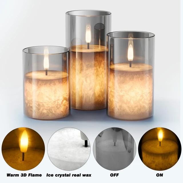 Alt view image 7 of 7 - Battery Operated Flameless Candles with Remote & Timer, Grey Glass 3Pack Real Wax Crystal Texture, D3×H4/5/6", 2/4/6/8H Timer, Dimming, Flickering Realistic LED Candles for Wedding Table Decor