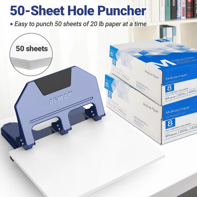 Alt view image 2 of 7 - 3 Hole Punch Heavy Duty, 9/32" Hole Diameter, 50-Sheet 3 Hole Puncher for Binder, 50% Reduced Effort, Metal Three Hole Punch w/ 10,000+ Uses, Bulit-in S.S. Paper Guide, Large Chip Tray, HPX5