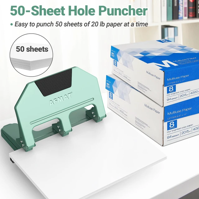 Alt view image 2 of 7 - 3 Hole Punch Heavy Duty, 9/32" Hole Diameter, 50-Sheet 3 Hole Puncher for Binder, 50% Reduced Effort, Metal Three Hole Punch w/ 10,000+ Uses, Bulit-in S.S. Paper Guide, Large Chip Tray, HPX5