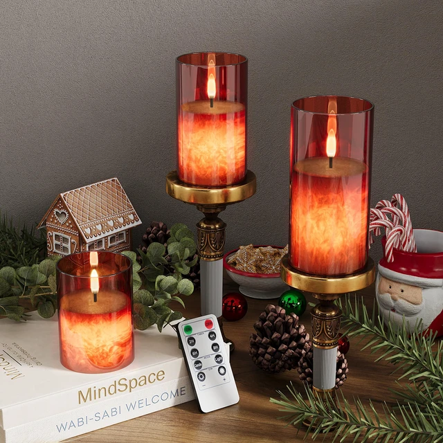 Alt view image 3 of 7 - Battery Operated Flameless Candles with Remote & Timer, Red Glass 3Pack Real Wax Crystal Texture, D3×H4/5/6", 2/4/6/8H Timer, Dimming, Flickering Realistic LED Candles for Wedding Table Decor