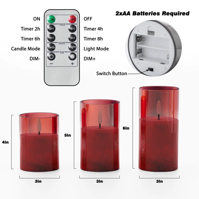 Alt view image 2 of 7 - Battery Operated Flameless Candles with Remote & Timer, Red Glass 3Pack Real Wax Crystal Texture, D3×H4/5/6", 2/4/6/8H Timer, Dimming, Flickering Realistic LED Candles for Wedding Table Decor