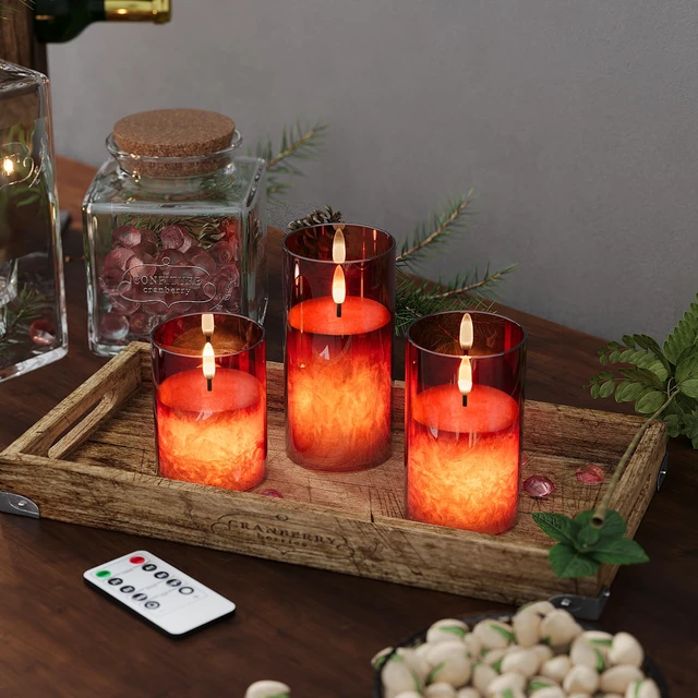 Alt view image 7 of 7 - Battery Operated Flameless Candles with Remote & Timer, Red Glass 3Pack Real Wax Crystal Texture, D3×H4/5/6", 2/4/6/8H Timer, Dimming, Flickering Realistic LED Candles for Wedding Table Decor