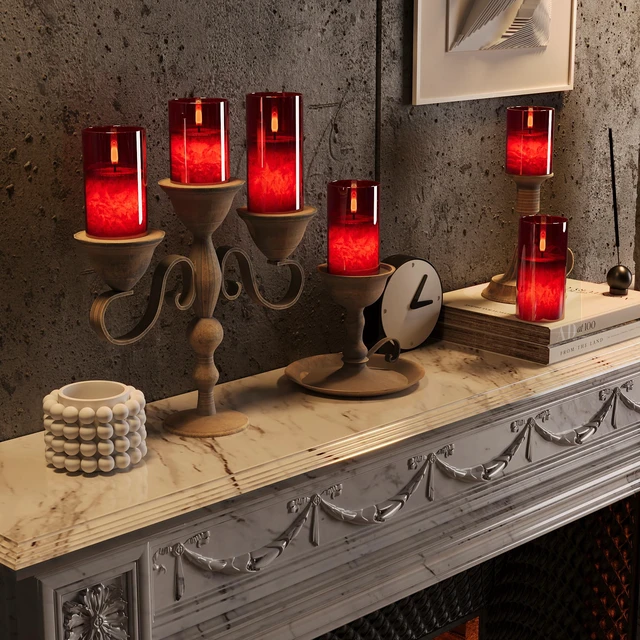Alt view image 4 of 7 - Battery Operated Flameless Candles with Remote & Timer, Red Glass 3Pack Real Wax Crystal Texture, D3×H4/5/6", 2/4/6/8H Timer, Dimming, Flickering Realistic LED Candles for Wedding Table Decor