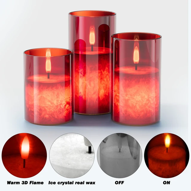Alt view image 6 of 7 - Battery Operated Flameless Candles with Remote & Timer, Red Glass 3Pack Real Wax Crystal Texture, D3×H4/5/6", 2/4/6/8H Timer, Dimming, Flickering Realistic LED Candles for Wedding Table Decor