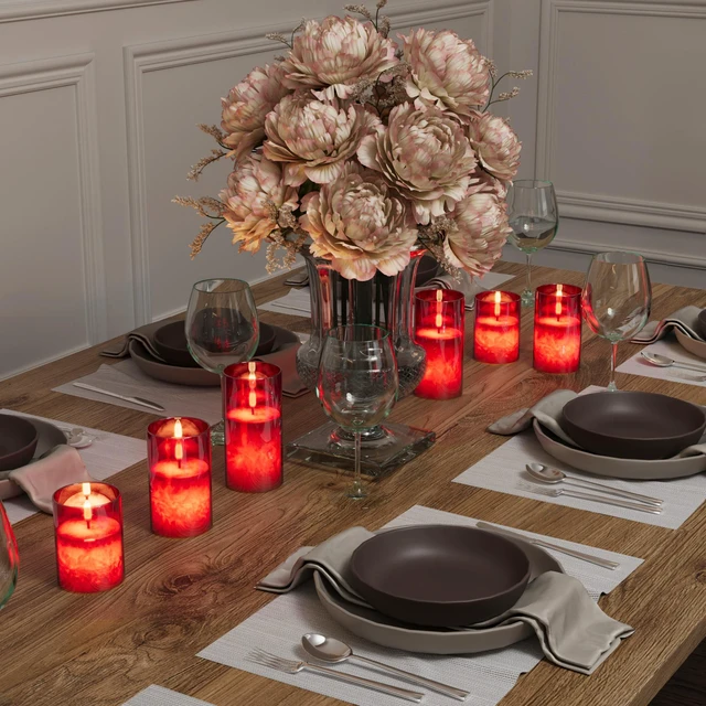 Alt view image 5 of 7 - Battery Operated Flameless Candles with Remote & Timer, Red Glass 3Pack Real Wax Crystal Texture, D3×H4/5/6", 2/4/6/8H Timer, Dimming, Flickering Realistic LED Candles for Wedding Table Decor