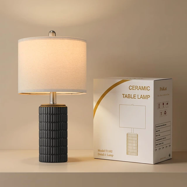 Alt view image 2 of 7 - 21'' Black Table Lamp with Gift Box, Small for Bedroom, Stone-Like Farmhouse Bedside Lamp for Nightstands, Matte-Textured Ceramic Design, Ideal Gift, Modern Home Decor for Living Room Hallway
