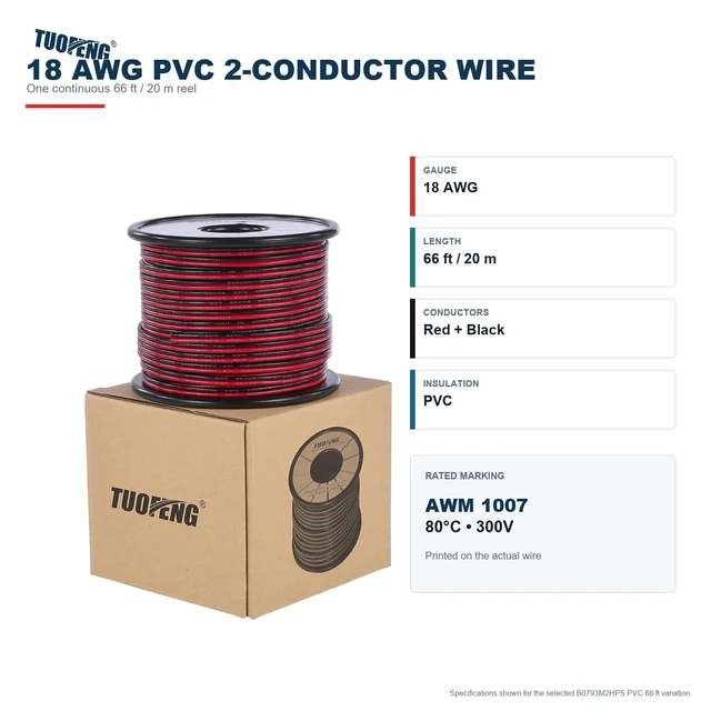 Alt view image 5 of 7 - 18 AWG 2-Conductor Tinned Copper PVC Wire, Red/Black, 66 ft Hookup Stranded Wire, LED Strips Extension Wire, 12V/24V DC Cable, Low Voltage Wires