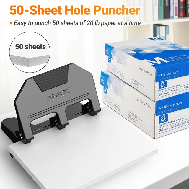Alt view image 2 of 7 - 3 Hole Punch Heavy Duty, 9/32" Hole Diameter, 50-Sheet 3 Hole Puncher for Binder, 50% Reduced Effort, Metal Three Hole Punch w/ 10,000+ Uses, Bulit-in S.S. Paper Guide, Large Chip Tray, HPX5