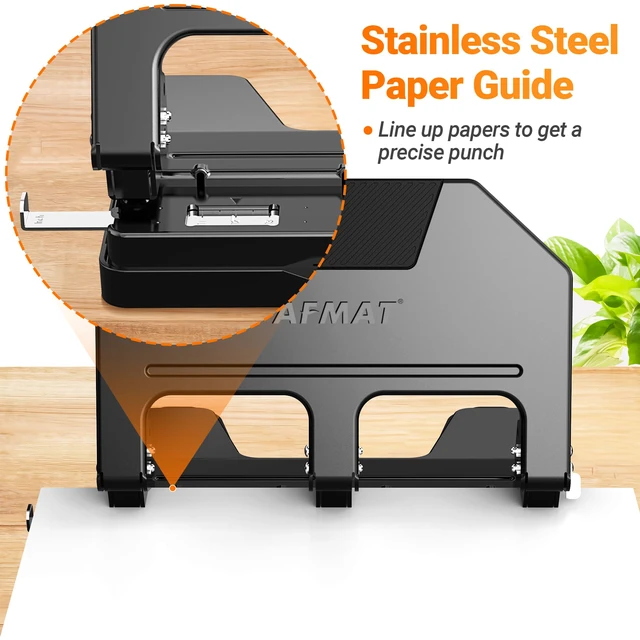 Alt view image 5 of 7 - 3 Hole Punch Heavy Duty, 9/32" Hole Diameter, 50-Sheet 3 Hole Puncher for Binder, 50% Reduced Effort, Metal Three Hole Punch w/ 10,000+ Uses, Bulit-in S.S. Paper Guide, Large Chip Tray, HPX5