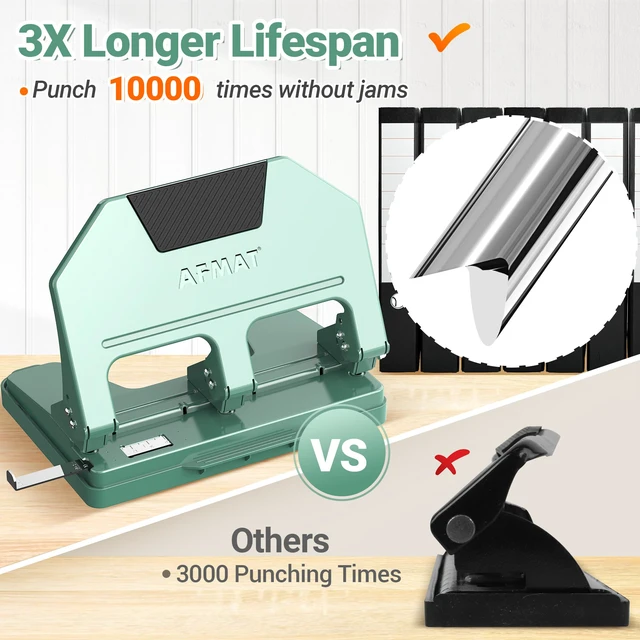 Alt view image 4 of 7 - 3 Hole Punch Heavy Duty, 9/32" Hole Diameter, 50-Sheet 3 Hole Puncher for Binder, 50% Reduced Effort, Metal Three Hole Punch w/ 10,000+ Uses, Bulit-in S.S. Paper Guide, Large Chip Tray, HPX5