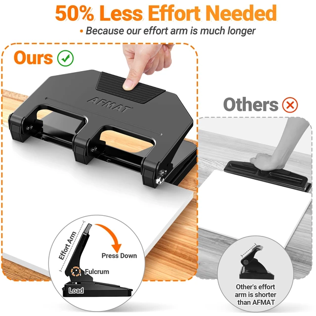 Alt view image 3 of 7 - 3 Hole Punch Heavy Duty, 9/32" Hole Diameter, 50-Sheet 3 Hole Puncher for Binder, 50% Reduced Effort, Metal Three Hole Punch w/ 10,000+ Uses, Bulit-in S.S. Paper Guide, Large Chip Tray, HPX5