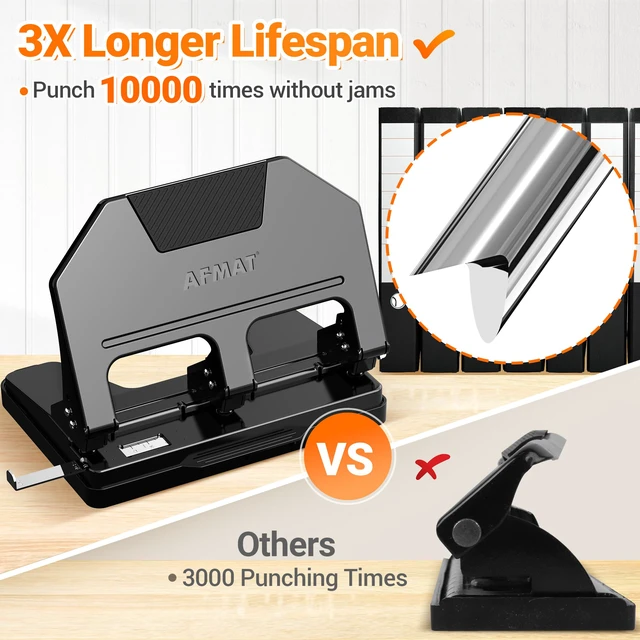 Alt view image 4 of 7 - 3 Hole Punch Heavy Duty, 9/32" Hole Diameter, 50-Sheet 3 Hole Puncher for Binder, 50% Reduced Effort, Metal Three Hole Punch w/ 10,000+ Uses, Bulit-in S.S. Paper Guide, Large Chip Tray, HPX5