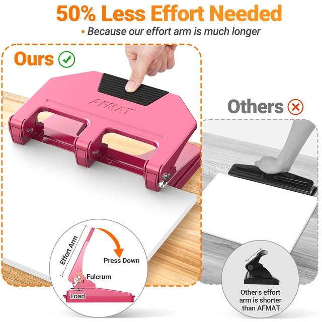Alt view image 3 of 7 - 3 Hole Punch Heavy Duty, 9/32" Hole Diameter, 50-Sheet 3 Hole Puncher for Binder, 50% Reduced Effort, Metal Three Hole Punch w/ 10,000+ Uses, Bulit-in S.S. Paper Guide, Large Chip Tray, HPX5