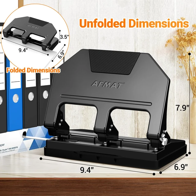 Alt view image 7 of 7 - 3 Hole Punch Heavy Duty, 9/32" Hole Diameter, 50-Sheet 3 Hole Puncher for Binder, 50% Reduced Effort, Metal Three Hole Punch w/ 10,000+ Uses, Bulit-in S.S. Paper Guide, Large Chip Tray, HPX5