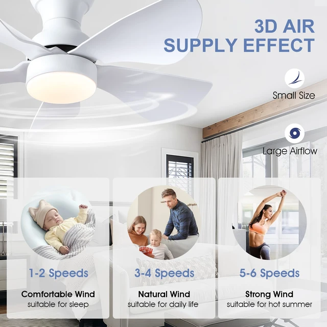 Alt view image 5 of 7 - 30" White Modern Low Profile Flush Mount Ceiling Fans with Lights Super Large Airflow with 6 Wind Speeds, Reversible, Dimmable 3 CCT LED, 30W Noiseless DC Motor,Timer, for Bedroom Kitchen