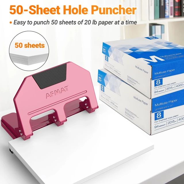 Alt view image 2 of 7 - 3 Hole Punch Heavy Duty, 9/32" Hole Diameter, 50-Sheet 3 Hole Puncher for Binder, 50% Reduced Effort, Metal Three Hole Punch w/ 10,000+ Uses, Bulit-in S.S. Paper Guide, Large Chip Tray, HPX5