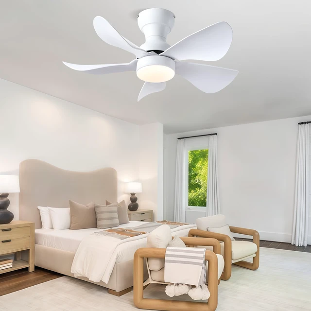 Alt view image 7 of 7 - 30" White Modern Low Profile Flush Mount Ceiling Fans with Lights Super Large Airflow with 6 Wind Speeds, Reversible, Dimmable 3 CCT LED, 30W Noiseless DC Motor,Timer, for Bedroom Kitchen