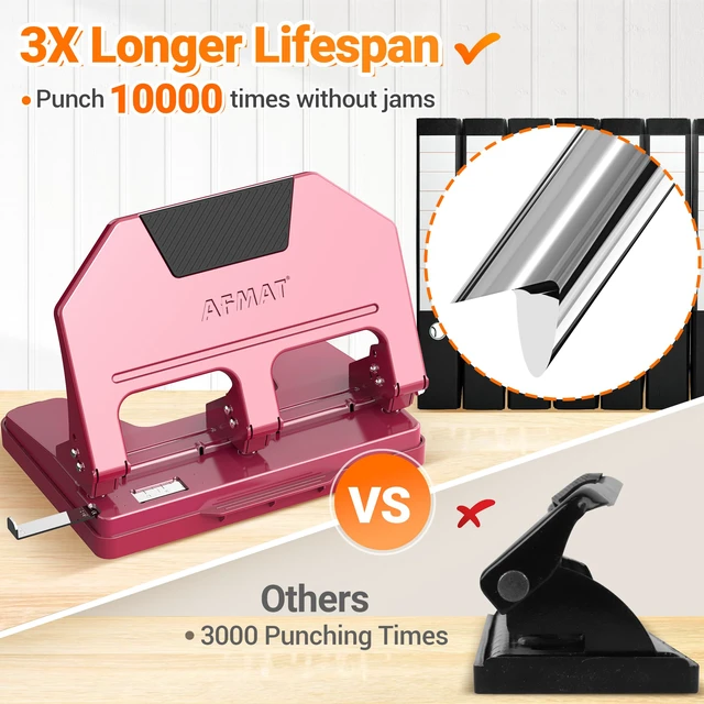 Alt view image 4 of 7 - 3 Hole Punch Heavy Duty, 9/32" Hole Diameter, 50-Sheet 3 Hole Puncher for Binder, 50% Reduced Effort, Metal Three Hole Punch w/ 10,000+ Uses, Bulit-in S.S. Paper Guide, Large Chip Tray, HPX5