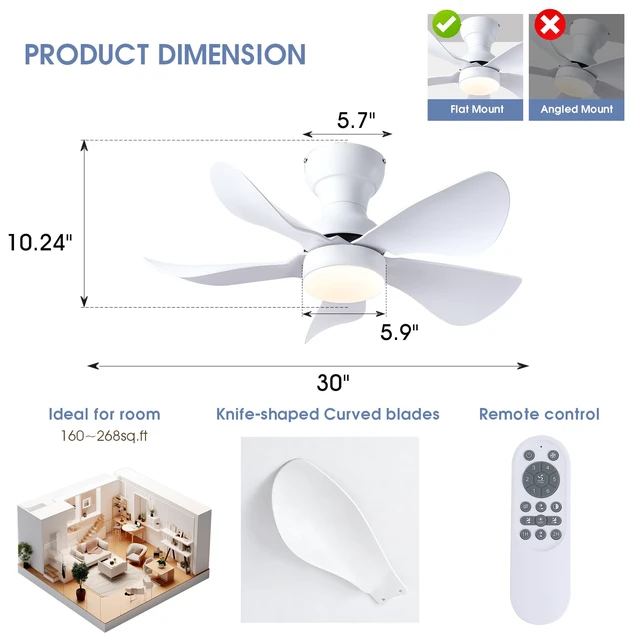 Alt view image 2 of 7 - 30" White Modern Low Profile Flush Mount Ceiling Fans with Lights Super Large Airflow with 6 Wind Speeds, Reversible, Dimmable 3 CCT LED, 30W Noiseless DC Motor,Timer, for Bedroom Kitchen
