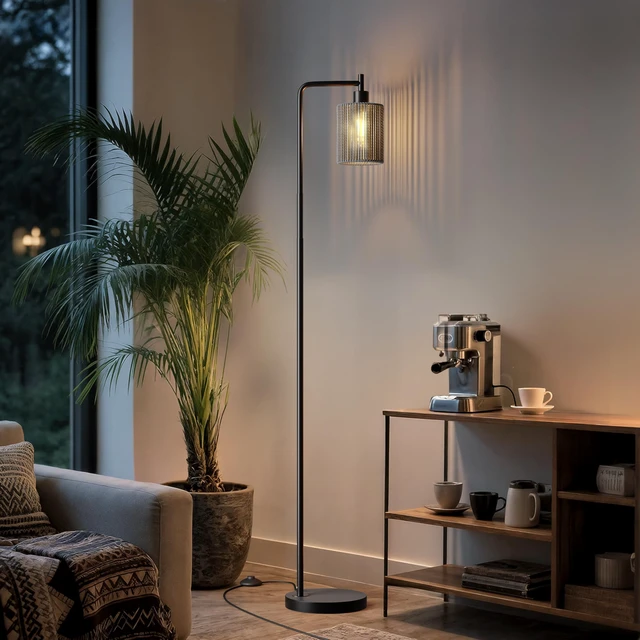 Alt view image 2 of 7 - 66" Black Floor Lamp for Living Room, Boho Floor Lamp with LED Bulb, Foot Switch, Gray Rattan Shade, Industrial Tall Farmhouse Standing Lamp for Bedroom, Dining Room, Study Room, Office