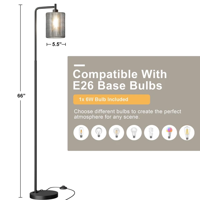 Alt view image 5 of 7 - 66" Black Floor Lamp for Living Room, Boho Floor Lamp with LED Bulb, Foot Switch, Gray Rattan Shade, Industrial Tall Farmhouse Standing Lamp for Bedroom, Dining Room, Study Room, Office
