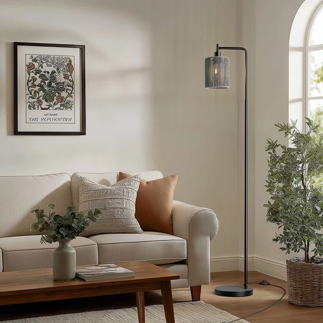 Alt view image 3 of 7 - 66" Black Floor Lamp for Living Room, Boho Floor Lamp with LED Bulb, Foot Switch, Gray Rattan Shade, Industrial Tall Farmhouse Standing Lamp for Bedroom, Dining Room, Study Room, Office