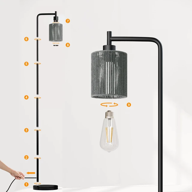 Alt view image 7 of 7 - 66" Black Floor Lamp for Living Room, Boho Floor Lamp with LED Bulb, Foot Switch, Gray Rattan Shade, Industrial Tall Farmhouse Standing Lamp for Bedroom, Dining Room, Study Room, Office