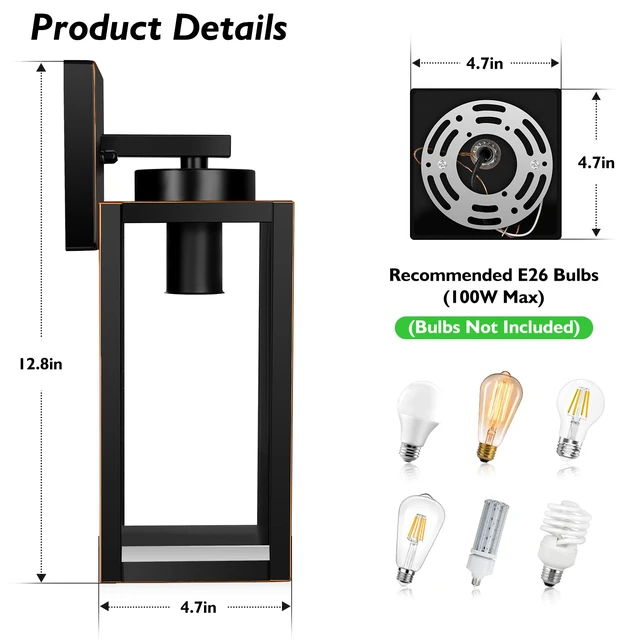 Alt view image 2 of 7 - Outdoor Wall Light, Modern Porch Sconce, Black with Gold Trim Waterproof, Rust-Resistant, Durable Metal with Clear Glass, Standard E26 Socket, Easy to Install