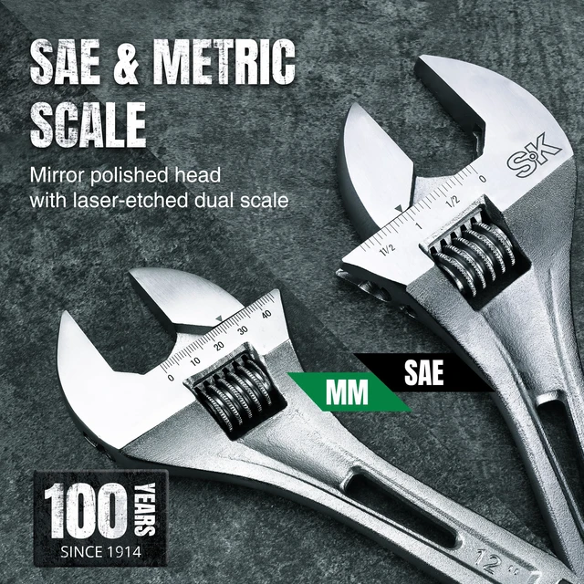 Alt view image 3 of 7 - 2-Piece Adjustable Wrench Set, 10-Inch, 12-Inch, SAE & Metric Scales X-Frame Handle, Precision Jaw, Heat Treated CR-V Steel, Chrome-Plated Rust Resistant Finish