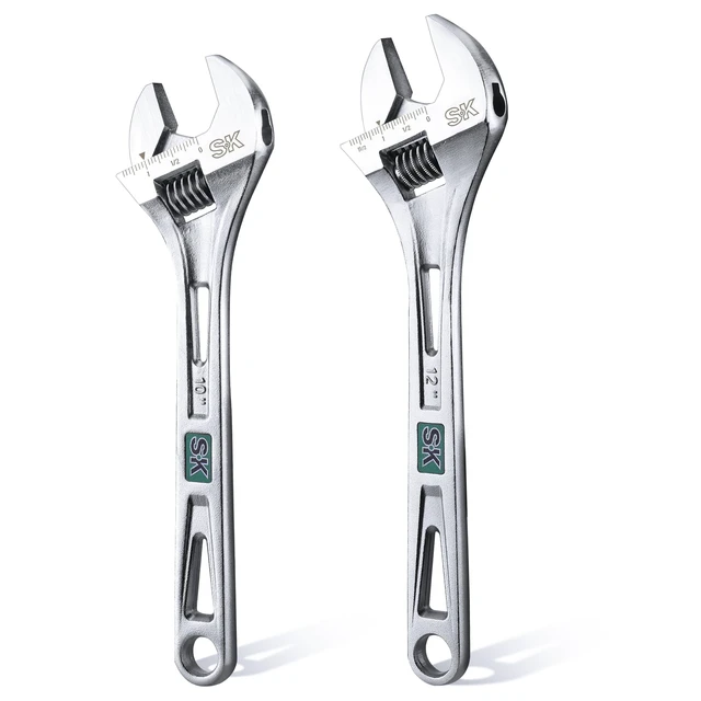 Main image of 2-Piece Adjustable Wrench Set, 10-Inch, 12-Inch, SAE & Metric Scales X-Frame Handle, Precision Jaw, Heat Treated CR-V Steel, Chrome-Plated Rust Resistant Finish